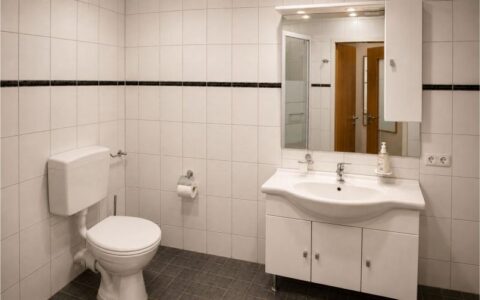Clean Verdo Hotel double room bathroom with modern sink vanity, large mirror, white tiled walls, and bright boutique hotel design.