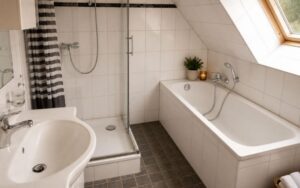 Modern family room bathroom at Verdo Hotel with bathtub, walk-in shower, skylight window, and clean boutique-style interior.