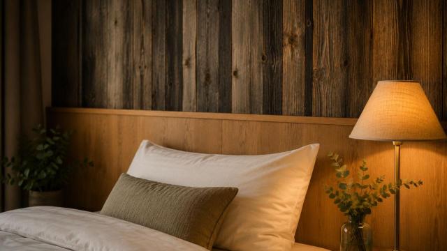 Warm deluxe room detail at Verdo Hotel with soft bedding, wooden wall accents, cozy bedside lamp, and elegant boutique atmosphere.