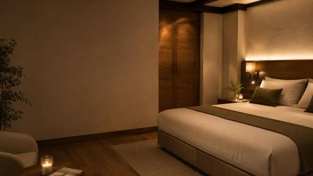 Cozy Verdo Hotel bedroom corner with warm bedside lamp, wooden wall design, soft bedding, and intimate boutique hotel atmosphere.