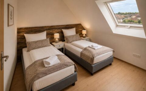 Bright Verdo Hotel family room with two single beds, sloped ceiling window, natural daylight, and cozy boutique interior design.