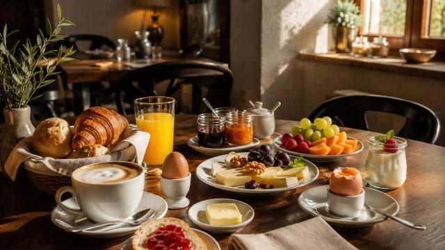 Warm boutique hotel breakfast table at Verdo Hotel restaurant with fresh pastries, coffee, juice, fruit, soft-boiled eggs, and natural morning sunlight.
