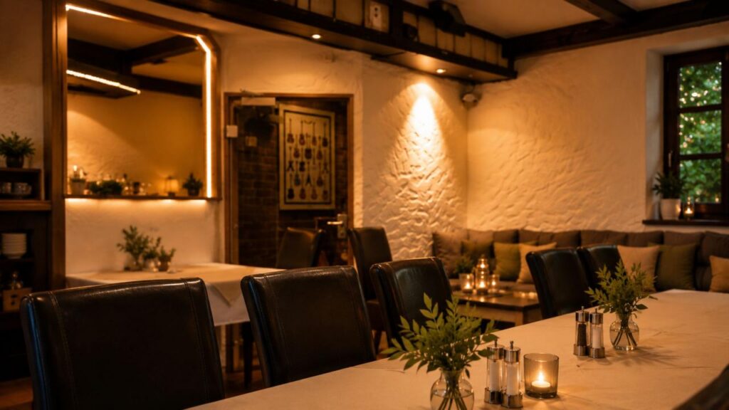 Elegant Verdo Hotel restaurant interior with warm ambient lighting, wooden ceiling beams, and cozy boutique dining atmosphere.