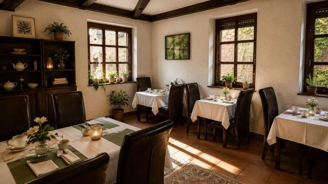 Elegant Verdo Hotel restaurant dining area with warm sunlight, wooden interiors, cozy seating, and refined European boutique atmosphere.